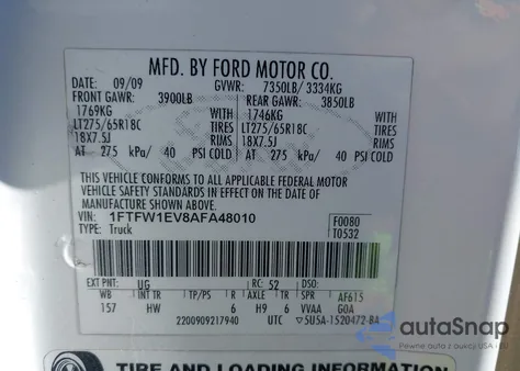 2010 Ford F-150 Fx4/Lariat/Xl/Xlt из США, поврежденный, VIN 1FTFW1EV8AFA48010